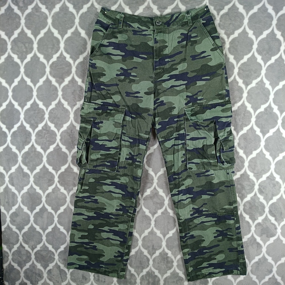 Forever 21 Cargo Pants Women Large Green Black Camo Y2K Streetwear Baggy Jeans
